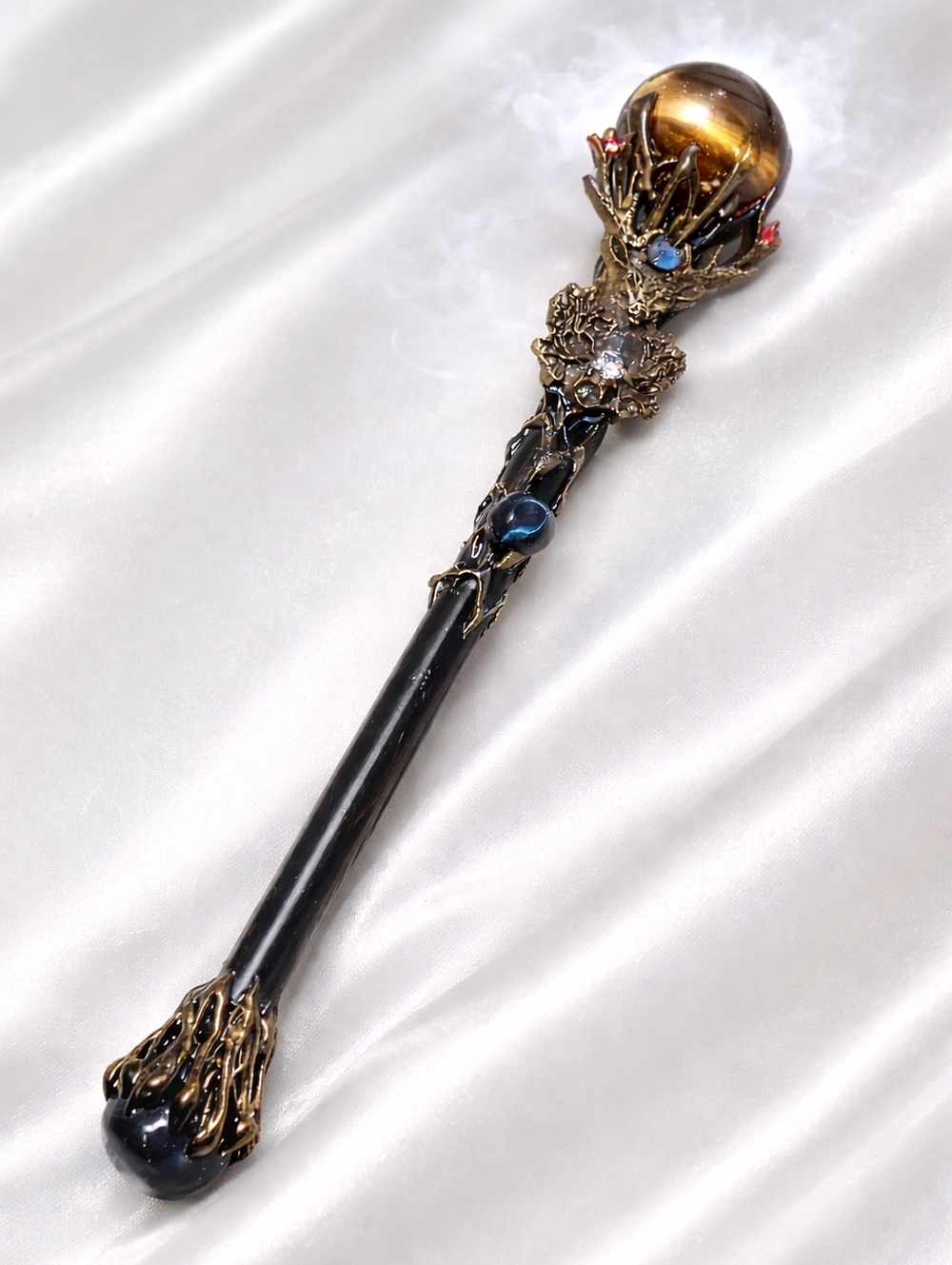 Collector’s Deer Antler Wand Tiger’s Eye Sphere Blue Sandstone Bronze Stag Gold